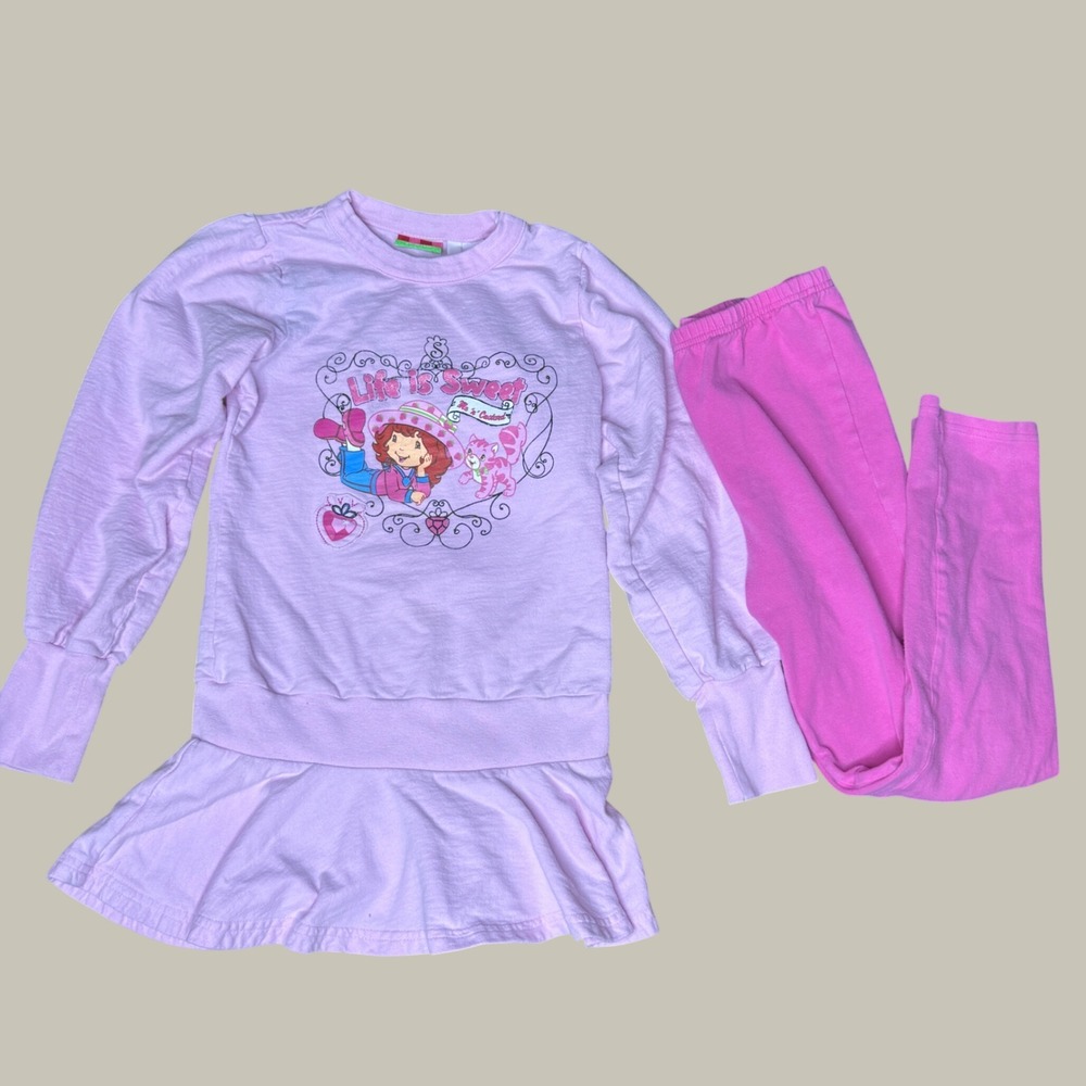 Strawberry Shortcake Girls 7/8 Pink Outfit Set Tunic Ruffle Top Leggings 2007